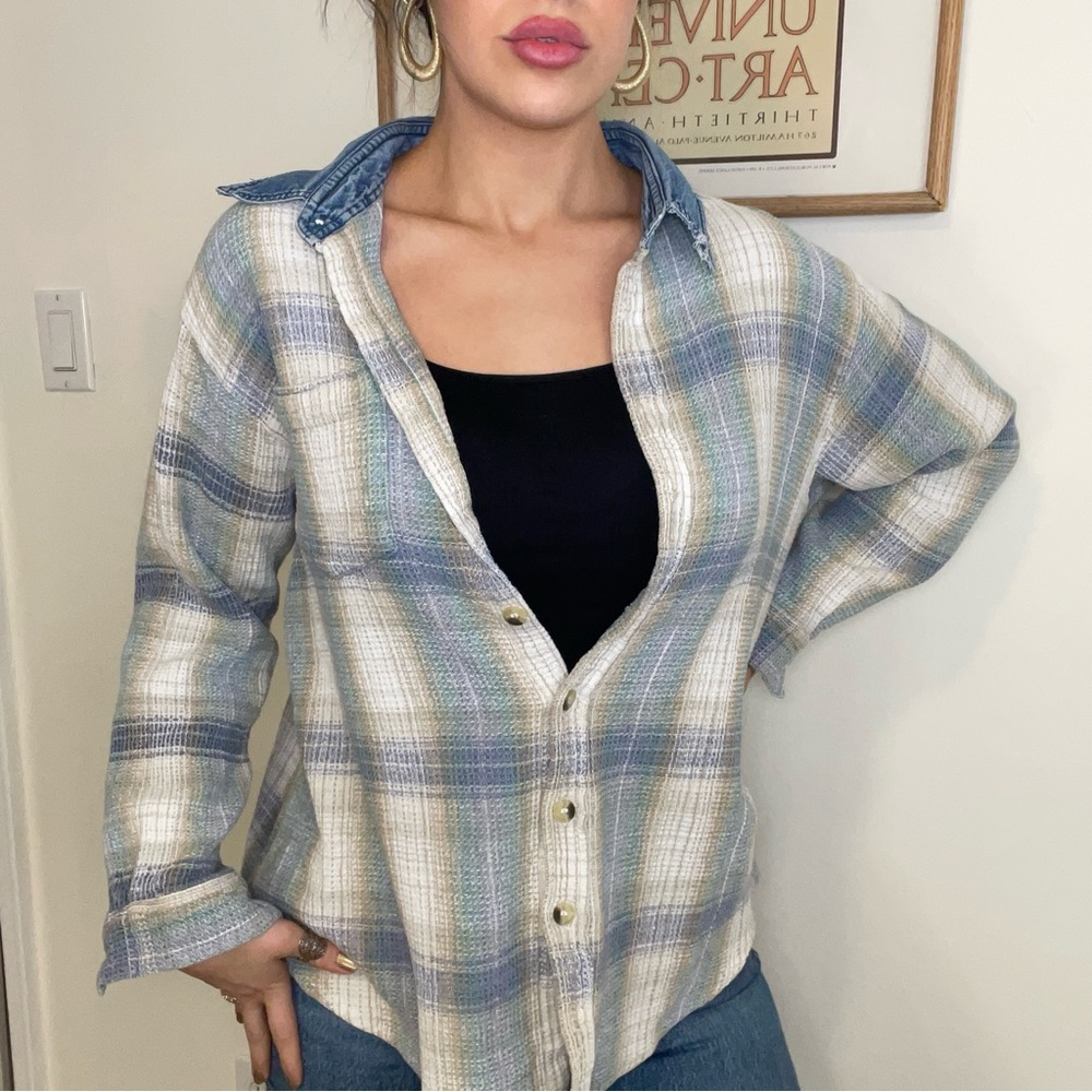 Vintage Plaid and Denim Flannel Shirt Jacket Shacket, Size Large